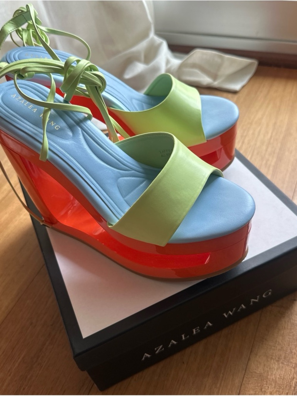 Azalea Wang Lime Green & Sky Blue Platform Wedge Sandals with Red Platform